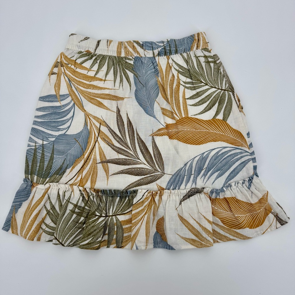 Tahari 100% linen tropical leaf ruffle skirt with pockets